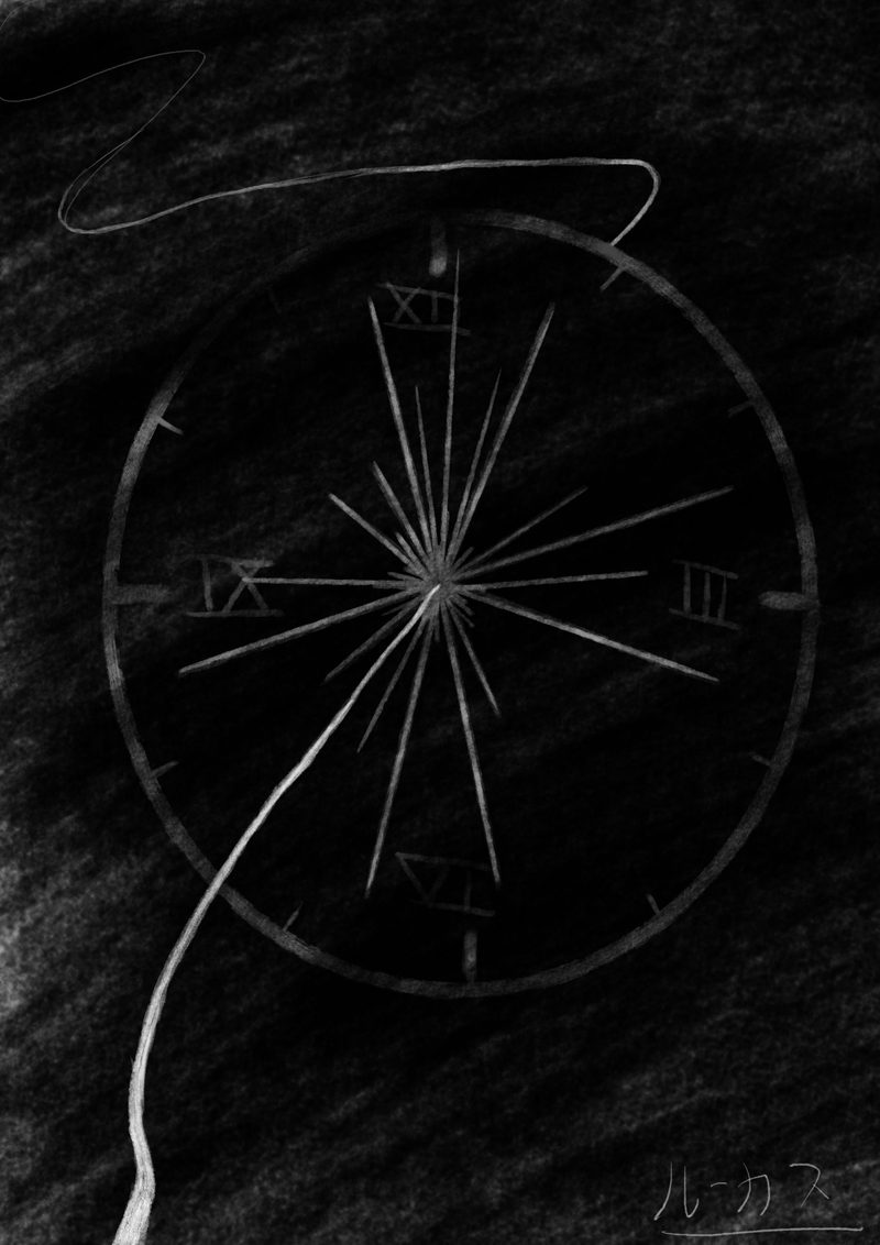 Horloge à chiffres romains tracée au trait blanc sur fond noir