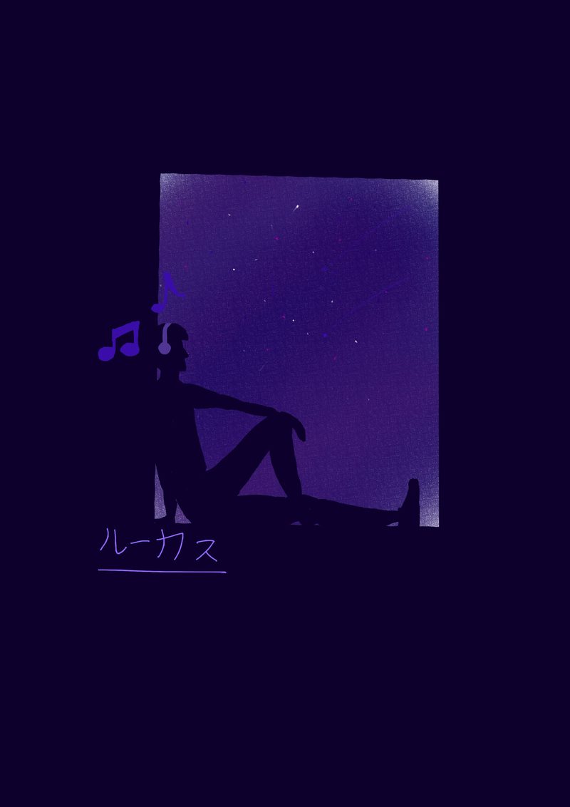 Silhouette violette assise devant une fenêtre ouverte sur un ciel étoilé, entourée de notes de musique