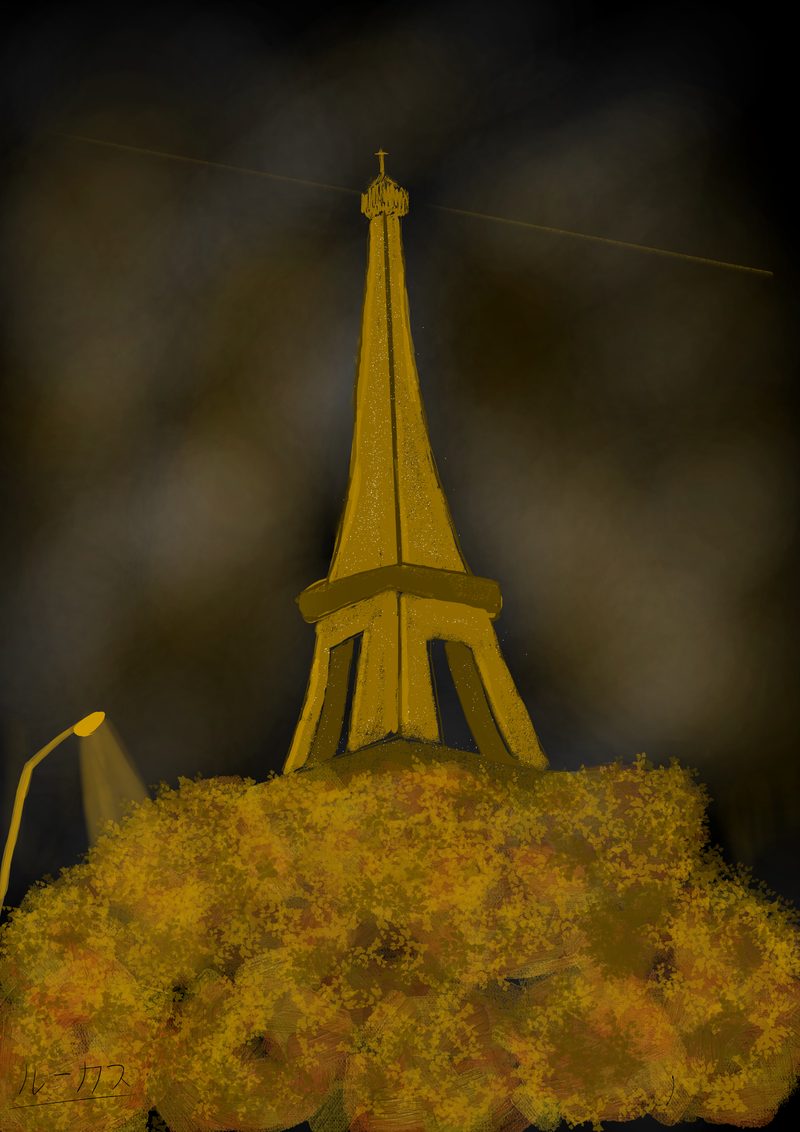 La tour Eiffel dorée émergeant d'un massif de feuillages orangés, sur fond sombre
